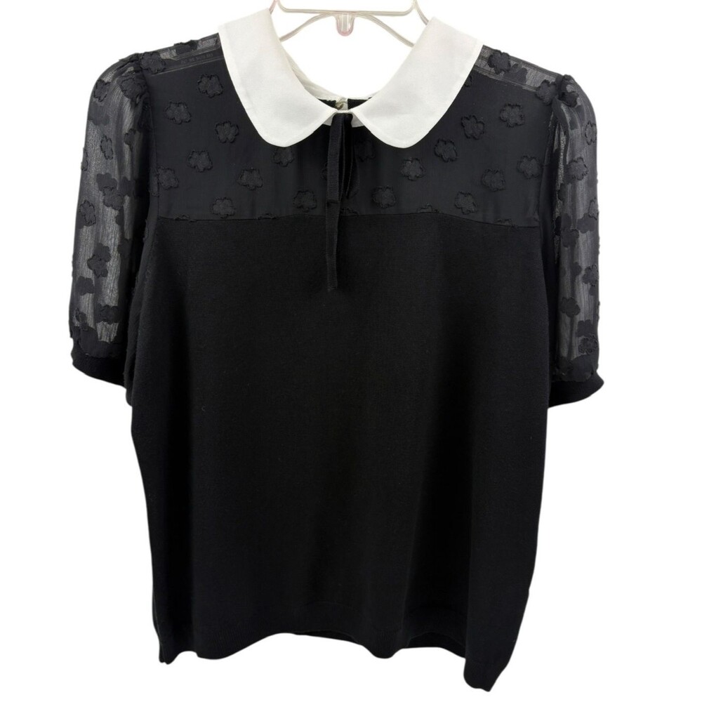 Adrianna Papell Black Peter Pan Collar Sheer Floral Blouse Dark Academia L